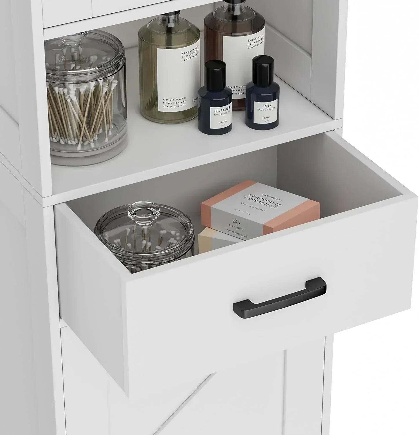 Homhedy 67" H Tall Bathroom Storage Cabinet with 2 Barn Doors and 1 Drawer Narrow Storage Unit