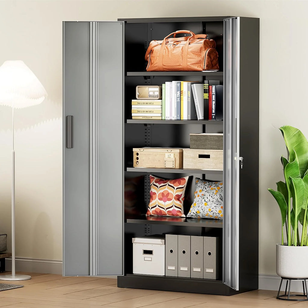 Greenvelly Metal Storage Cabinet, 72" Black Locking Metal Cabinet with 2 Doors and 4 Adjustable Shelves, Lockable Garage Storage Cabinets for Home Office, Garage, Kitchen, Living Room
