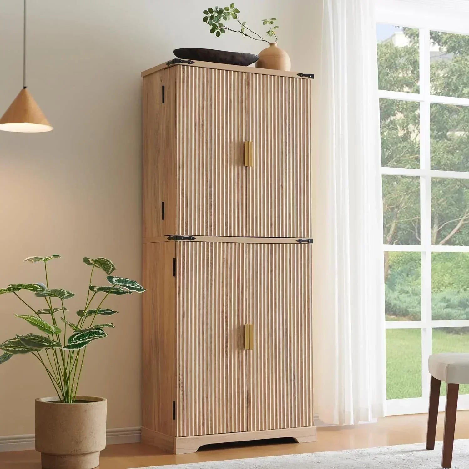Fluted Pantry Cabinet 72" Tall Modern Storage Cabinet with 4 Doors Organizer Drawer