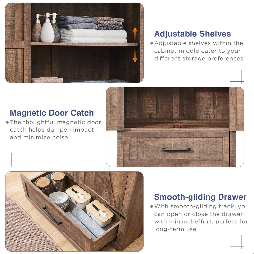 JXQTLINGMU Farmhouse Kitchen Pantry - 72" Tall Wood Kitchen Storage Cabinet with Adjustable Shelves and 2 Barn-Style Doors and Drawers