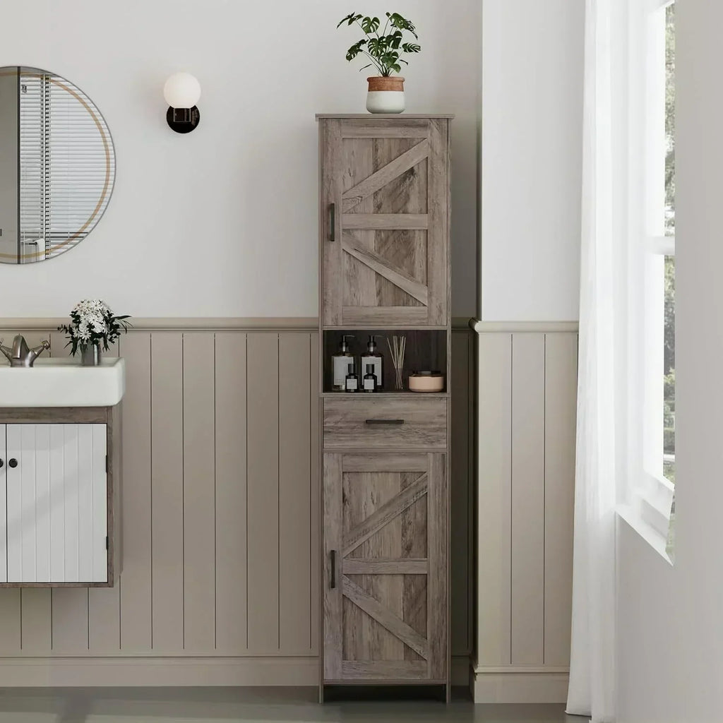 Homhedy 67" H Tall Bathroom Storage Cabinet with 2 Barn Doors and 1 Drawer Narrow Storage Unit