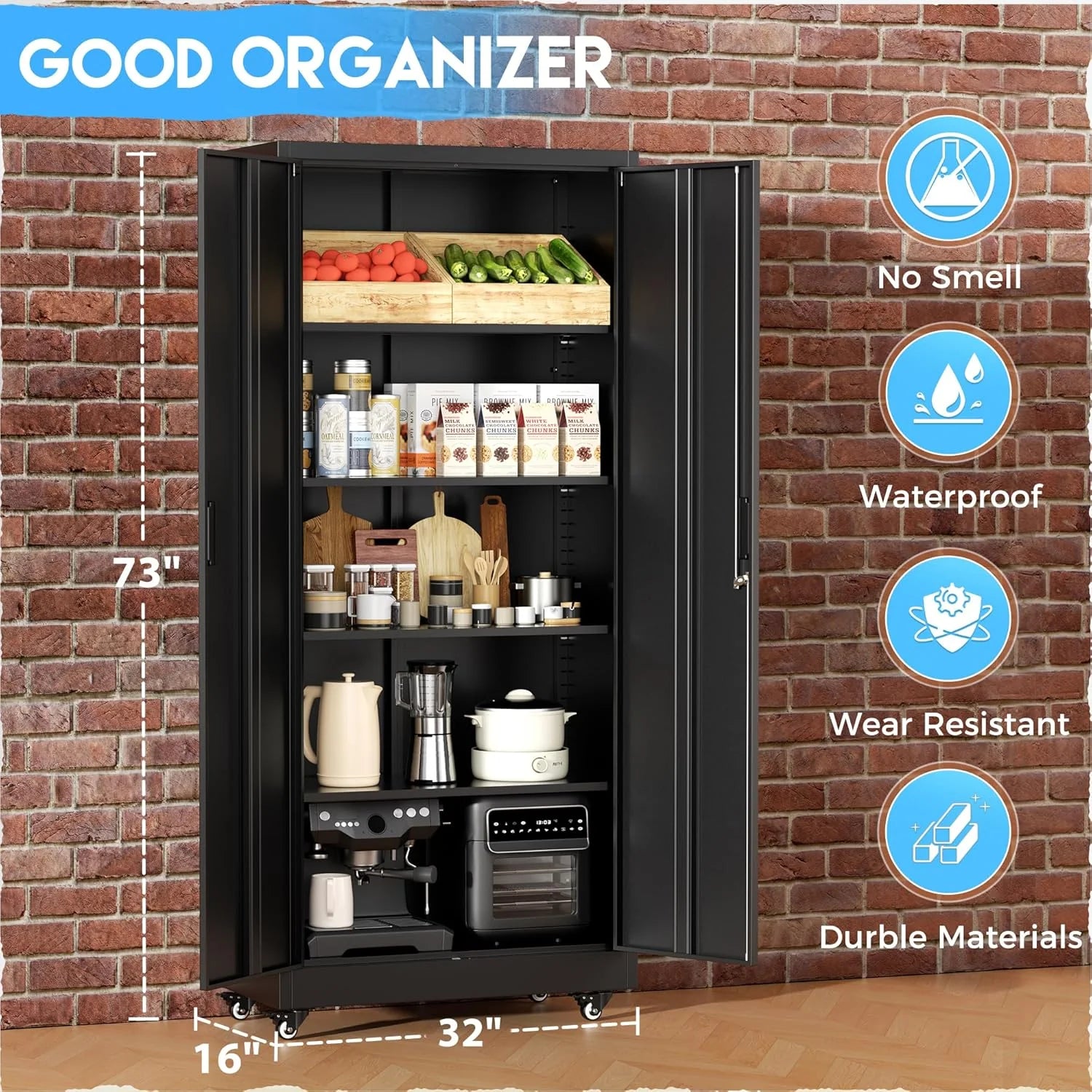 Greenvelly Metal Storage Cabinet, 72" Black Locking Metal Cabinet with 2 Doors and 4 Adjustable Shelves, Lockable Garage Storage Cabinets for Home Office, Garage, Kitchen, Living Room