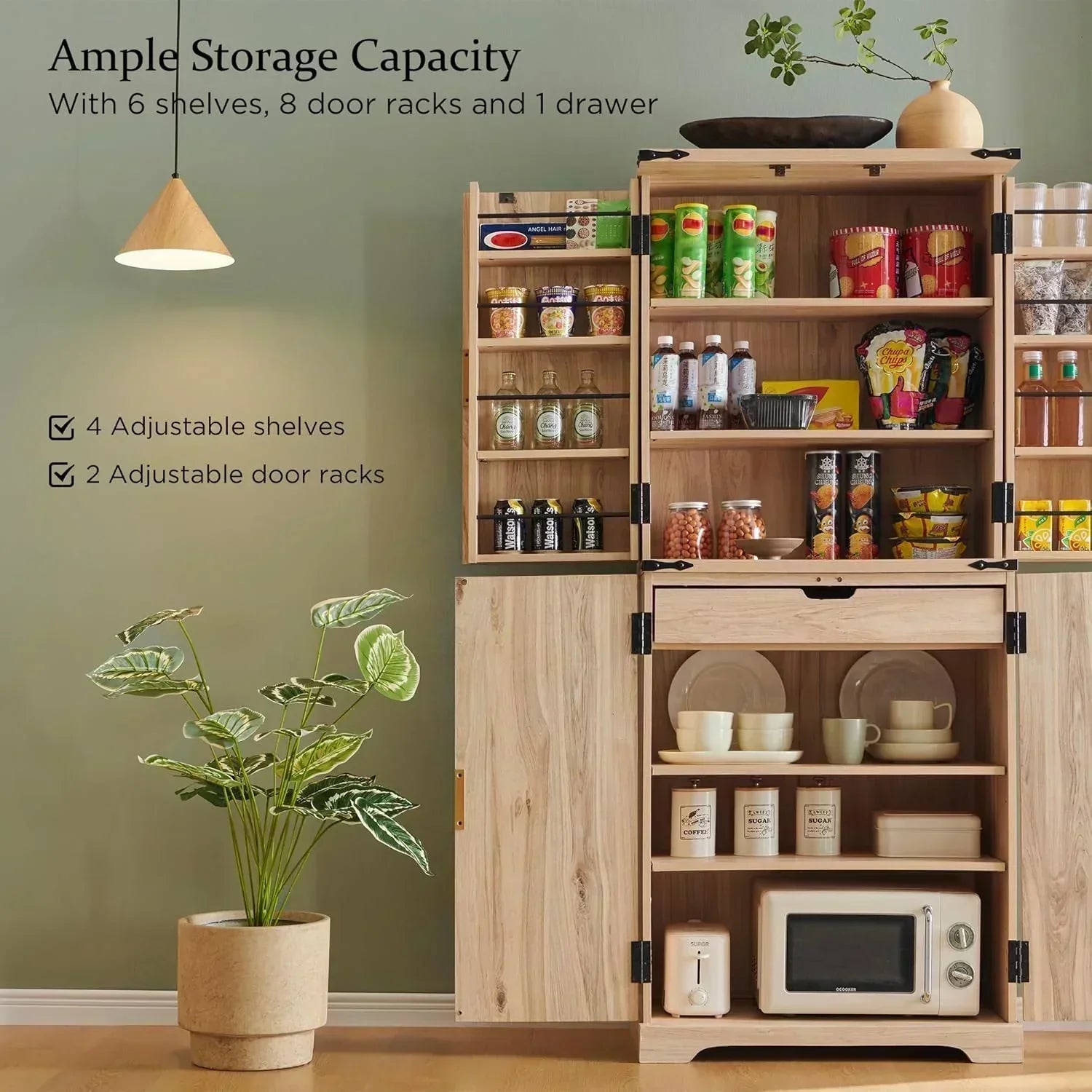 Fluted Pantry Cabinet 72" Tall Modern Storage Cabinet with 4 Doors Organizer Drawer