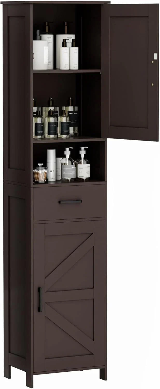 Homhedy 67" H Tall Bathroom Storage Cabinet with 2 Barn Doors and 1 Drawer Narrow Storage Unit