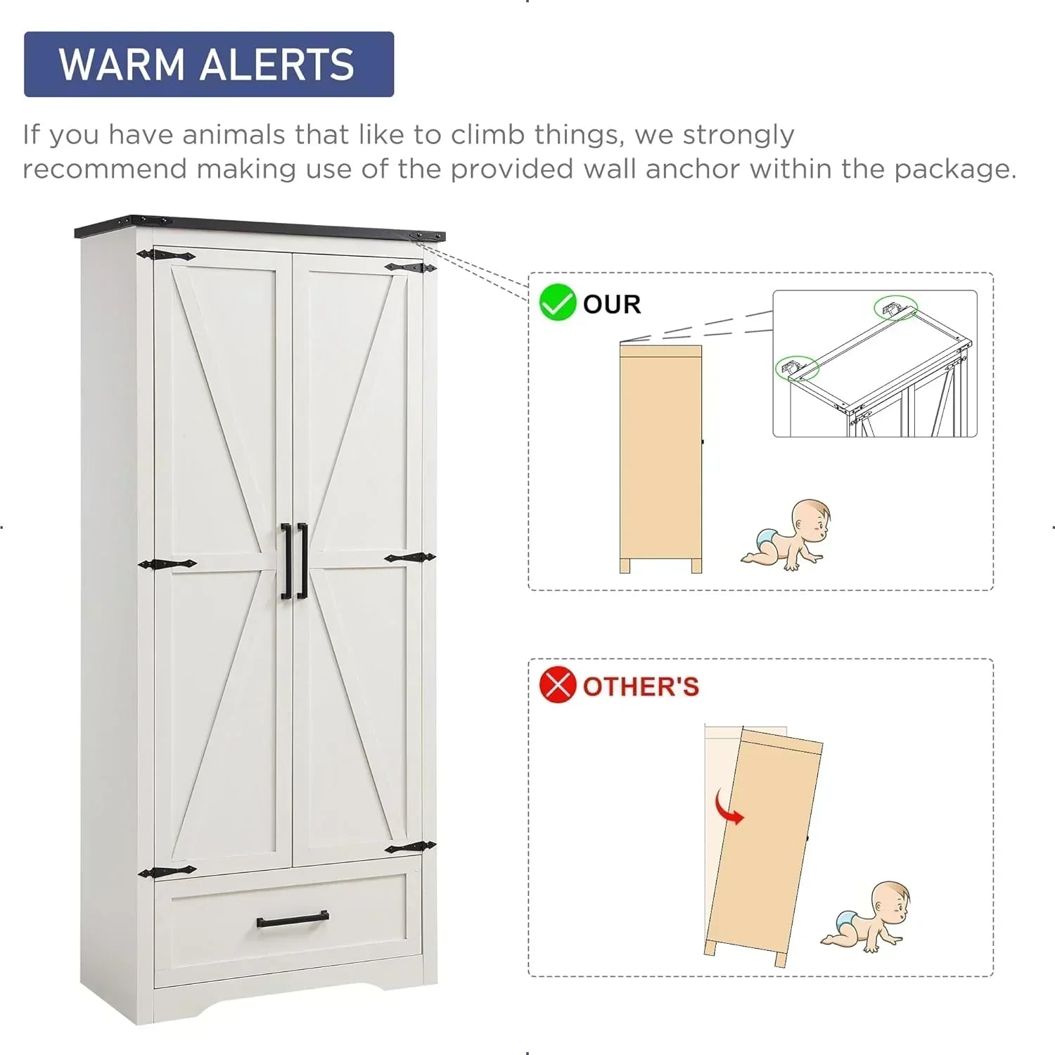 JXQTLINGMU Farmhouse Kitchen Pantry 72" Tall Wood Kitchen Storage Cabinet Adjustable Shelves